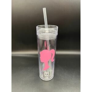 Strata Pink Barbie Head Silhouette Double Wall Tumbler Cup with Straw 16 oz